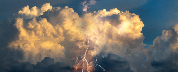 istock Dark cloud at evening sky with thunder bolt. Heavy storm bringing thunder, lightnings and rain in summer. 1419759285