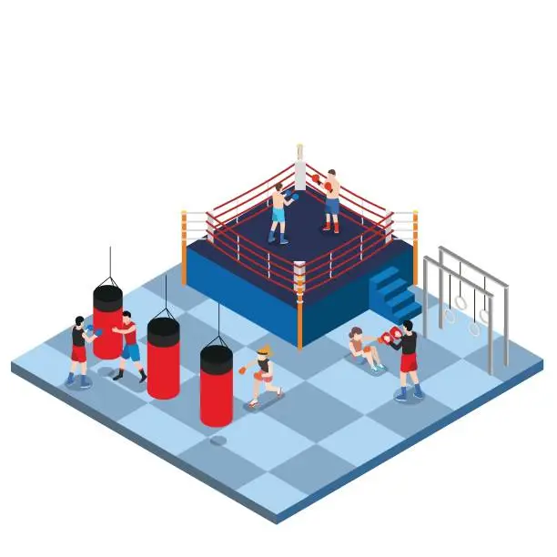 Vector illustration of Modern gym interior with boxing practice facility isometric 3d