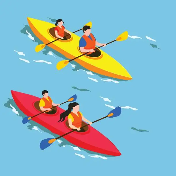 Vector illustration of Happy active family with kids rafting on kayak isometric 3d
