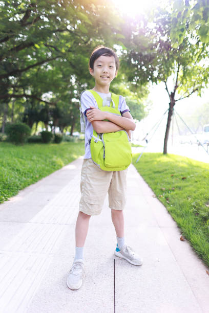 Little boy going to school with backpack