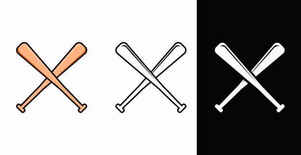 ilustraciones, imágenes clip art, dibujos animados e iconos de stock de conjunto vectorial de bate de béisbol cruzado, contorno, relleno y coloreado - wooden bat