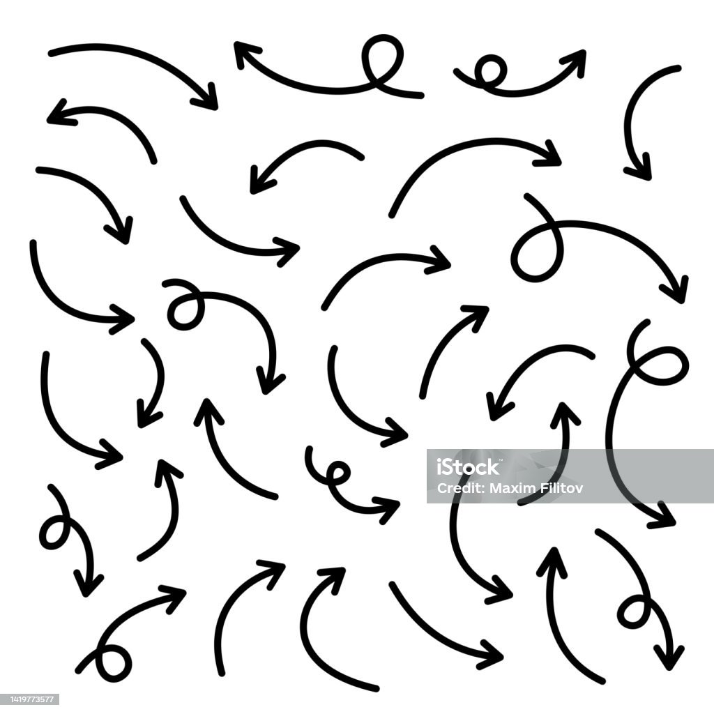 Thin curved sketch arrows collection. Hand drawn vector arrows pointing different directions - Royalty-free Ok İşareti Vector Art