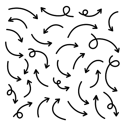 Thin curved sketch arrows collection. Vector hand drawn arrows with curls, pointing different directions