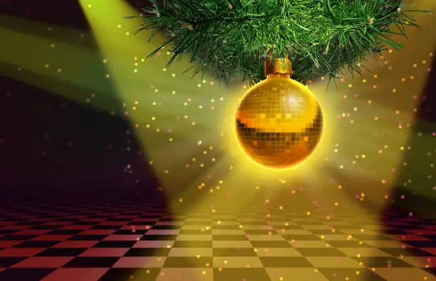Christmas Party background and New Years Eve holiday event on a Dance floor with a seasonal tree ornament shaped as a disco mirror ball symbol with glowing stage lights as a 3D illustration.