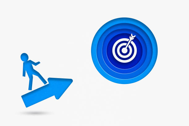 white dartboard in blue circle, 3D illustration, paper cut with arrow on grunge grey background for business strategy and target concept