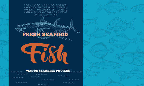 illustrations, cliparts, dessins animés et icônes de étiquette de poisson avec motif sans couture - cat fish food