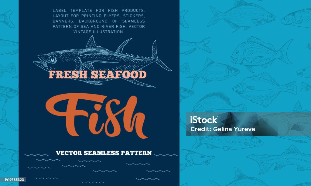 Simple Labels For Fish Fish Label With Seamless Pattern Stock Illustration - Download Image ...