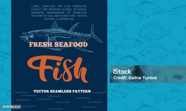 Fish Bio Label Fish Label With Seamless Pattern Stock Illustration - Download Image ...