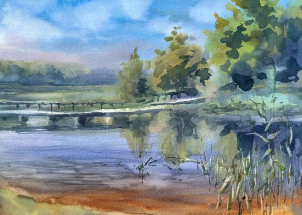 istock Morning landscape by the lake watercolor background 1419785517