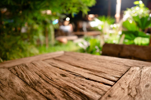 istock Wood table in the garden restaurant. 1419785818
