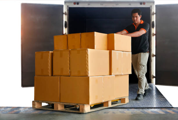 istock Workers Unloading Packaging Boxes on Pallets out of Container Trucks. Shipping Warehouse. Delivery. Shipment Goods. Supply Chain. Supplies Warehouse Logistics Cargo Transport. 1419785870