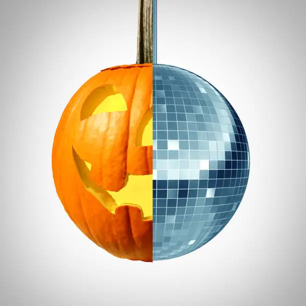Halloween Party Symbol as a Jack-O-Lantern and disco ball merged together as an autumn dance and a fall celebration to celebrate Thanksgiving season with 3D illustration elements.