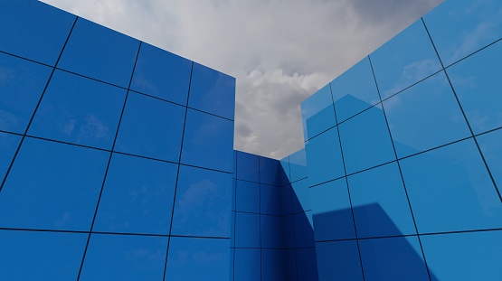 Angle blue glass exterior modern building 3D rendering architected wallpaper background