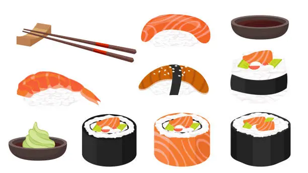 Vector illustration of Collection set of cartoon food Japanese sushi