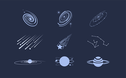 Set of Astronomy and Space Icons. Galaxy, planet, satellite, orbit, meteor, orbit, asteroid.