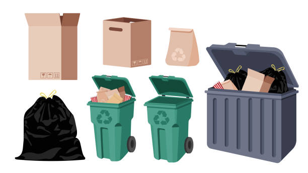 istock Collection set of recycled garbage dustbin paper box black plastic bag 1419788371