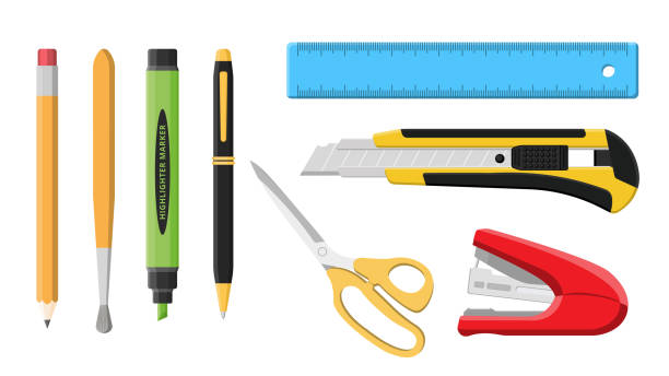 istock Collection set of stationery obejct pen pencil highlight pen scissors knife ruler stapler 1419788567