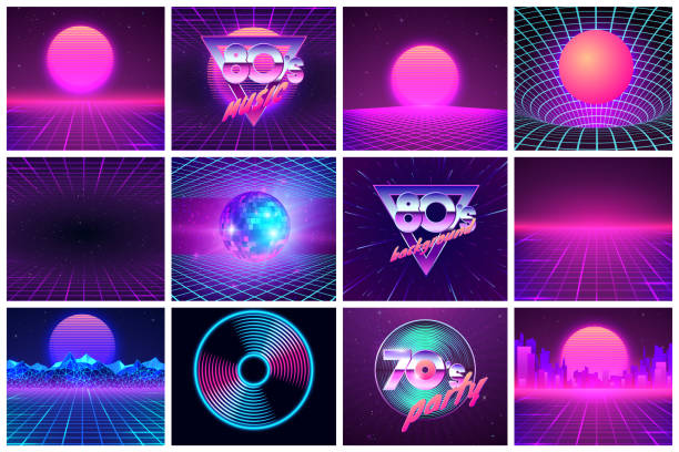 Retro futuristic background in 1980s style. Set of retro illustration for wallpaper or vinyl cover design Retro futuristic background in 1980s style. Set of retro illustration for wallpaper or vinyl cover design. Vector illustration 80s stock illustrations