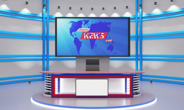 istock wood table on stand with led screen background in the red news studio room.3d rendering. 1419791785