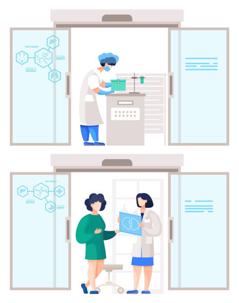 People Working in Clinics, Laboratory Workers Set Collection of people working in laboratory. Scientists or researchers isolated set. Chemist in lab with devices and flask filled with substance. Doctor showing patient results of brain checkup vector x ray results stock illustrations