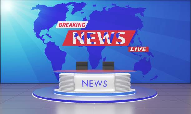 istock wood table on stand with led screen background in the red news studio room.3d rendering. 1419792025