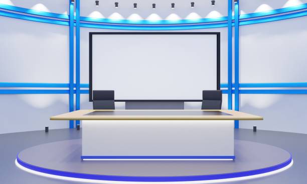 istock wood table on stand with led screen background in the red news studio room.3d rendering. 1419792099