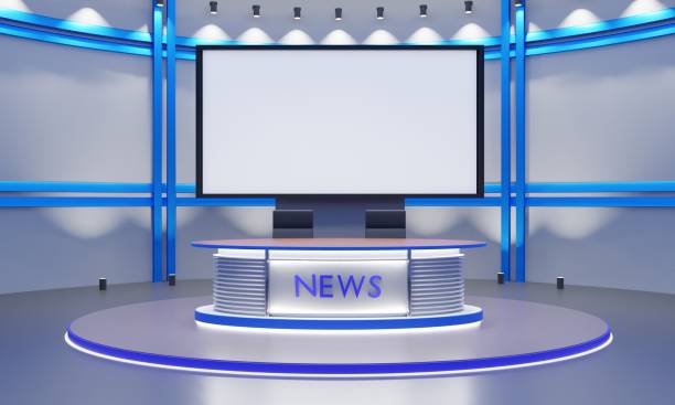 istock wood table on stand with led screen background in the red news studio room.3d rendering. 1419792578