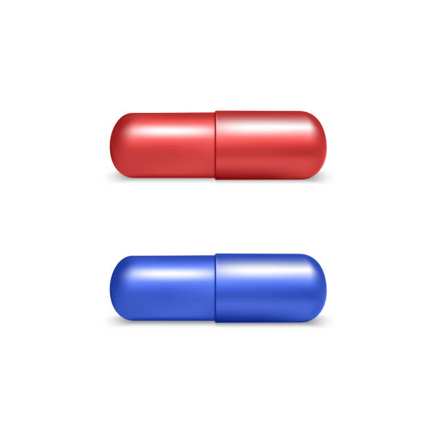 realistyczne czerwone i niebieskie ikony pigułek medycznych 3d. koncepcja wyboru w stylu macierzowym. obiekt medyczny i opieki zdrowotnej - red pills stock illustrations