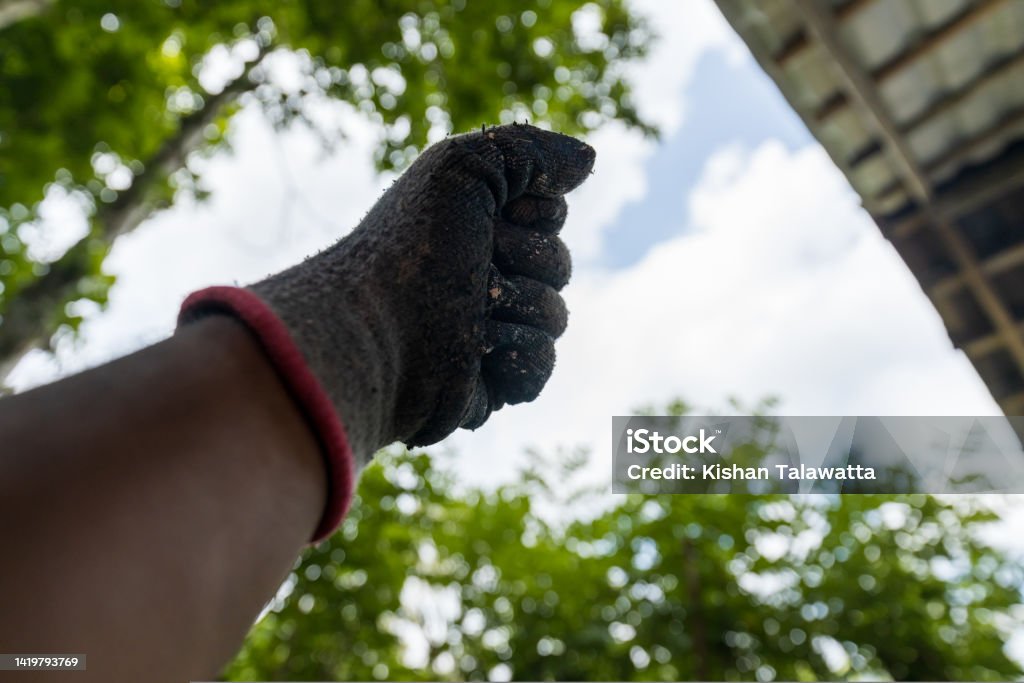 Gloved construction worker fisting sky to express the happiness of the victory Gloved construction worker fisting sky to express the happiness of the victory. High quality photo Achievement Stock Photo