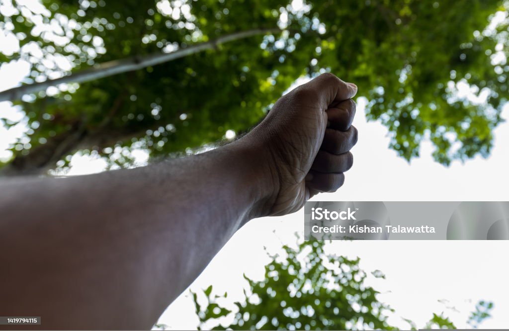 Tan male fisting the sky to emblem the victory Tan male fisting the sky to emblem the victory. High quality photo Adult Stock Photo
