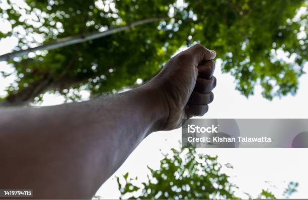 Tan Male Fisting The Sky To Emblem The Victory Stock Photo - Download Image Now - Adult, Adults Only, Aggression