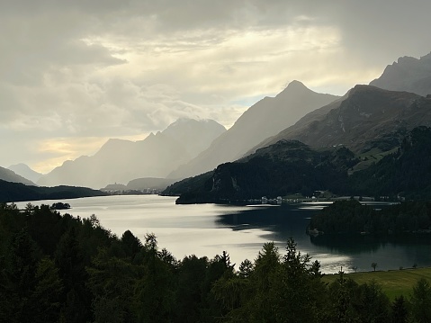 Lake Sils in dark stormy weather mood