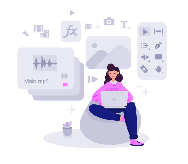 Woman animator creating video project at laptop Woman animator creating video project at laptop. Motion designer tools female film editor stock illustrations