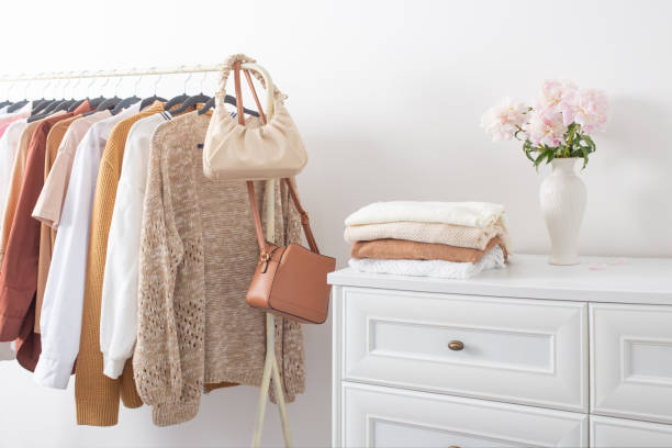 istock female clothes on hangers  in  white room 1419799851