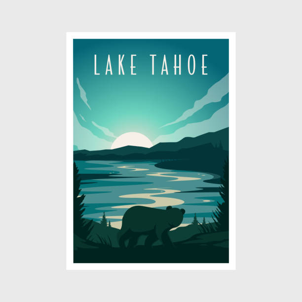 タホ湖の風景ポスターベクターイラストデザイン、湖とクマのポスター - 野生動物旅行点のイラスト素材／クリップアート素材／マンガ素材／アイコン素材