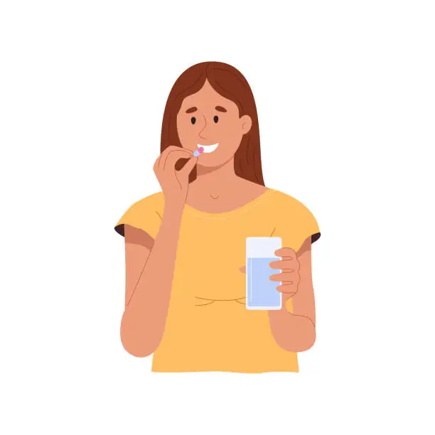 Vector illustration of Happy woman taking vitamins, holding pill and glass of water