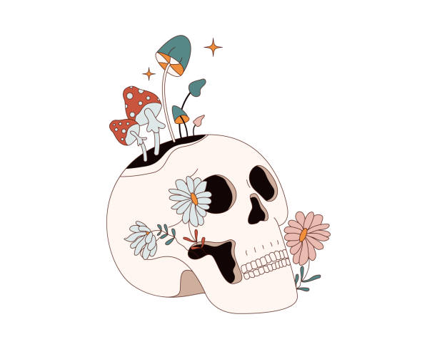 fantasy retro hipisowska czaszka z grzybami i kwiatami w stylu lat 60.70. - letter s text alphabet letter t stock illustrations