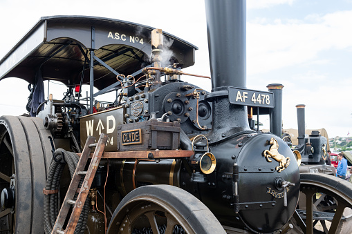 West Bay.Dorset.United Kingdom.June 12th 2022.A restored Aveling and Porter traction engine is on display at the West Bay vintage rally