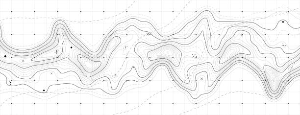 지형도 배경. 고도 할당이 있는 지리적 선 맵입니다. 윤곽선 배경 지리적 그리드. 벡터 일러스트레이션. - topographic map 이미지 stock illustrations