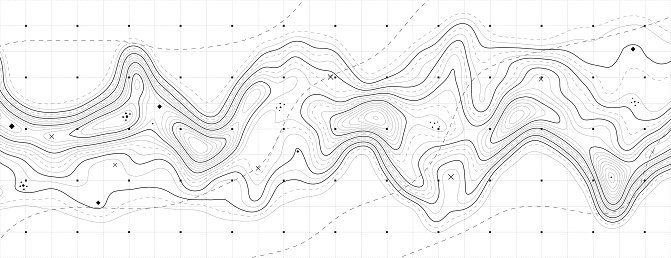 Topographic map background. Geographic line map with elevation assignments. Contour background geographic grid.