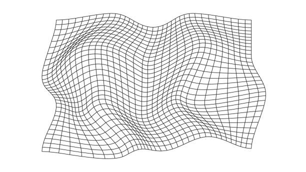 レトロフューチャリズムのスタイルの未来的な波状のグリッド。幾何学的な動的波。3d技術ワイヤーフレーム。ベクターイラストレーション。 - distorted点のイラスト素材／クリップアート素材／マンガ素材／アイコン素材