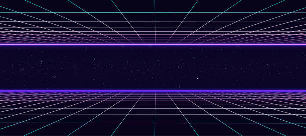istock Digital vector space retro landscape in 1980s style. Futuristic double perspective grid. 80s Retro Sci-Fi background. Album cover or banner in the style of the 80-90s. 1419805950