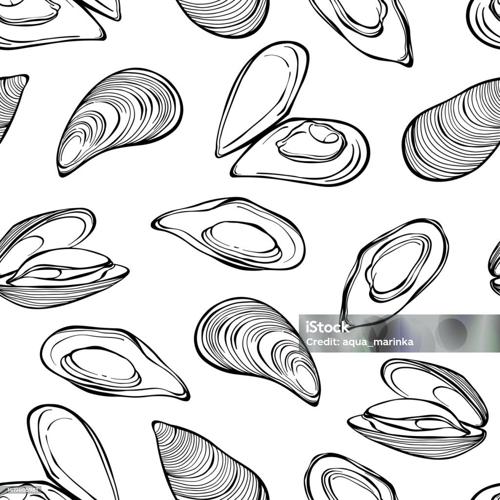 Mussels Design Mussels Seamless Pattern On White Vector Black And White Perfect For ...
