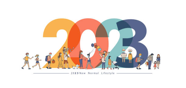 2021 New year with New normal lifestyle ideas concept. People wearing mask in flat big letters design. Vector illustration modern layout template 2023 New year with New normal lifestyle ideas concept. People wearing mask in flat big letters design. Vector illustration modern layout template togetherness covid stock illustrations