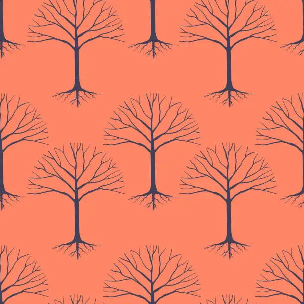 Vector illustration of Vector seamless pattern with black dry trees, graphic trunk drawing on orange background, element for fabric clothing fashion design, textile printed, wallpaper wrapping