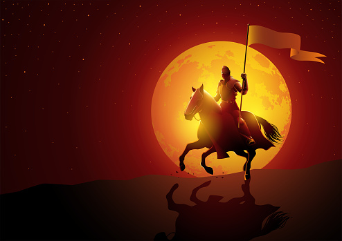 Vector illustration of a knight bearing a flag at night during full moon