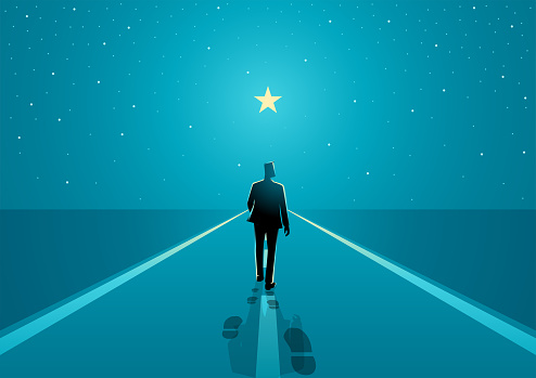 Man walks on the boundless road to the bright star, success journey, long journey starts with one step