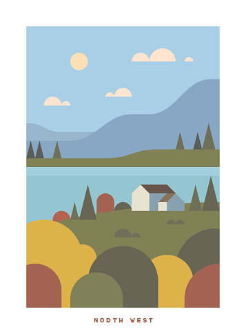 Minimalistic Vector Travel Poster. Travel around the UK. Roadtrip. Nature of England. Trendy colorful style. North West. The house by the bay. Mountains.