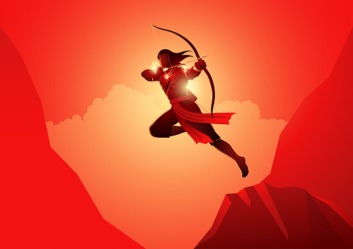 Lord Rama aiming with bow and arrow, Indian God of Hindu, Indian mythology vector illustration series