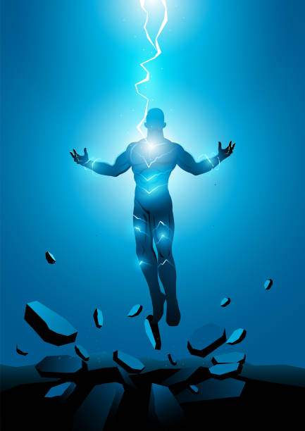 Superhero electrically charged by thunder strike vector art illustration